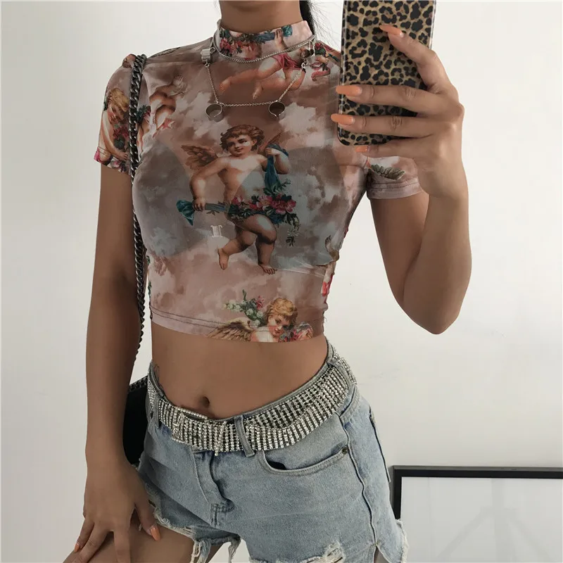 Angel Print Mesh Sexy Fashion T Shirt Crop Top collo alto manica corta Graphic Tees donna Streetwear Harajuku camicie vendita calda