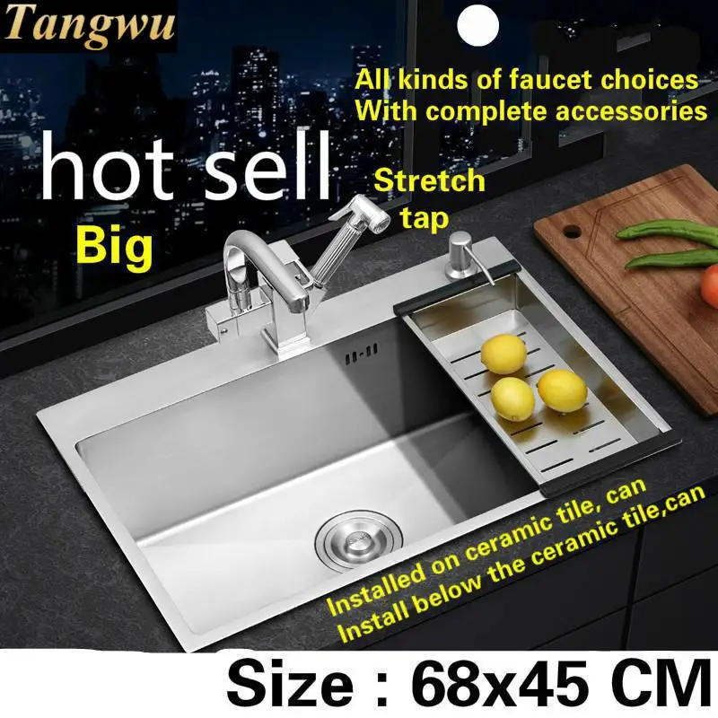 

Free shipping Luxury big kitchen sink standard mini durable 304 stainless steel 3 mm hand made single slot hot sell 680x450 cm