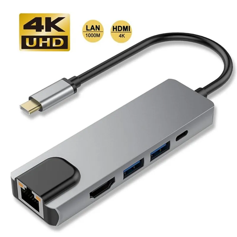 

KuWFi 5 IN 1 USB Type C Hub Hdmi 4K USB C Hub to Gigabit Ethernet Rj45 Lan Adapter for Mac book Pro Thunderbolt 3 USB-C Charger