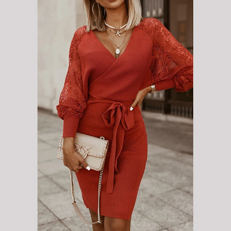 

Women Knitted V-Neck Pullover Dress 2021 Autumn V-Neck Elegant Temperament Long Sleeve Dresses Street Wear Female Vestidos