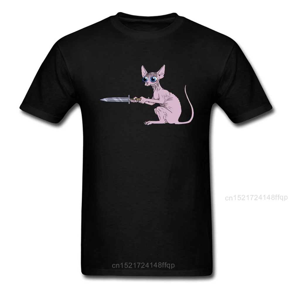 Creative Design Sphynx Swordsman Black T-shirt Canadian Hairless Cat Print Cartoon Tops Men Short Sleeve Fun Tee Shirt