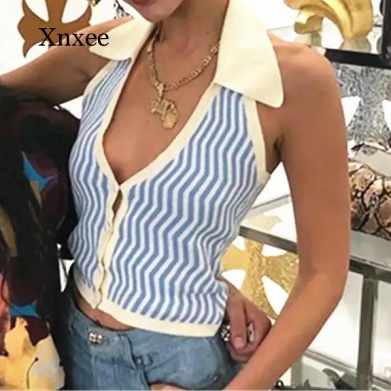 Sexy Crop Top Women's Halter Top Summer Lapel Halter Neck Sleeveless Tank Top Knitted Halter Cropped Top Korean Button Blouse Wa