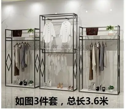 Clothing shelf men and women shop double floor standing shelf display rack high cabinet side hanging clothes rack hanger combina