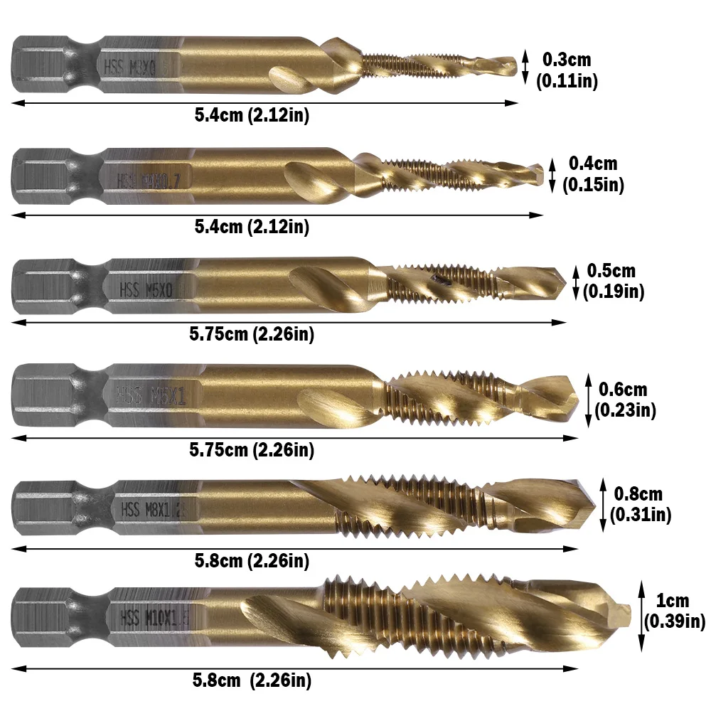 6PCS Metric Thread Tap Drill Bits m3 m4 m5 m6 m8 m10 Hex Shank Hss Wood Drilling Tapping Cutting Metal Drill Bit 5.4-5.8cm Long