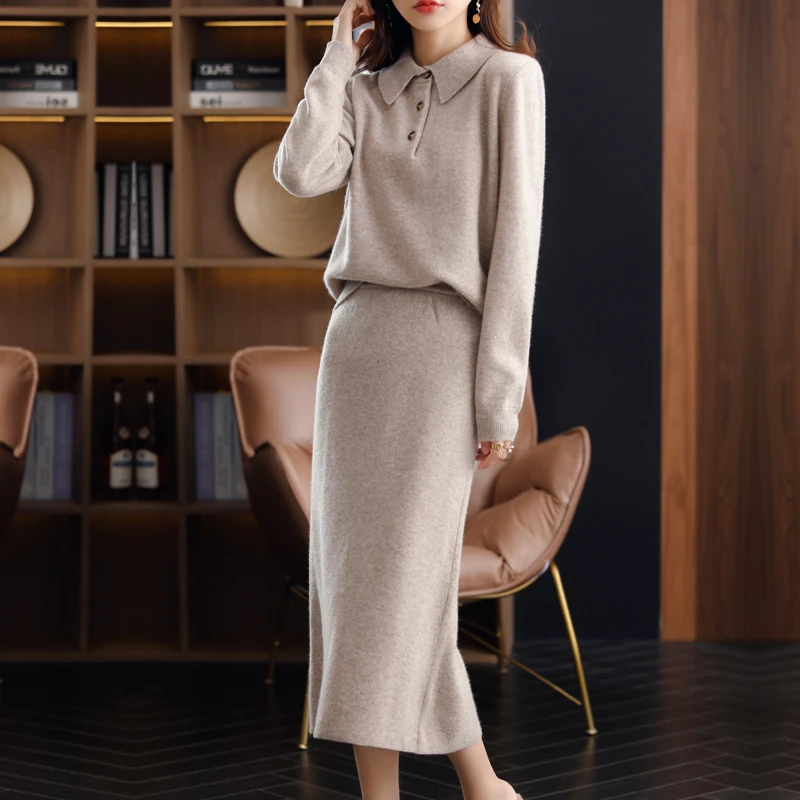 100% Wool Ladies Suit Clothes Pullover Upper Body Temperament POLO Shirt Lower Body Fashion Long Skirt Solid Color Elastic waist