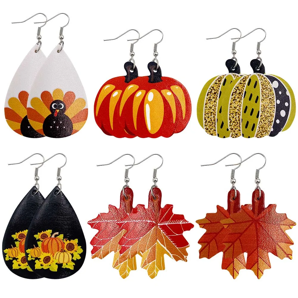 2020 New Leather Earrings Pompoen Maple Leaf Vegan Lederen Oorbellen Voor Vrouwen Thanksgiving Dag Turkije Patroon Oorbellen