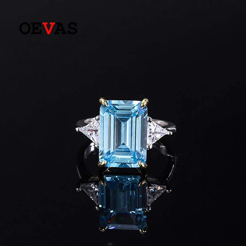 OEVAS 100% 925 Sterling Silver 10*14mm Emerald Yellow Aquamarine Rose Red High Carbon Diamond Rings For Women Party Fine Jewelry