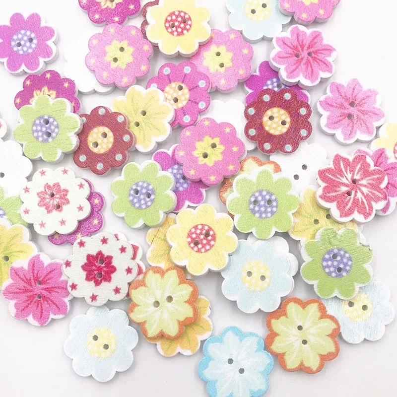 50pcs 20mm Wooden Buttons Colorful Mixed Flowers Scrapbook Sewing Accessories DIY Craft 2 Holes WB740