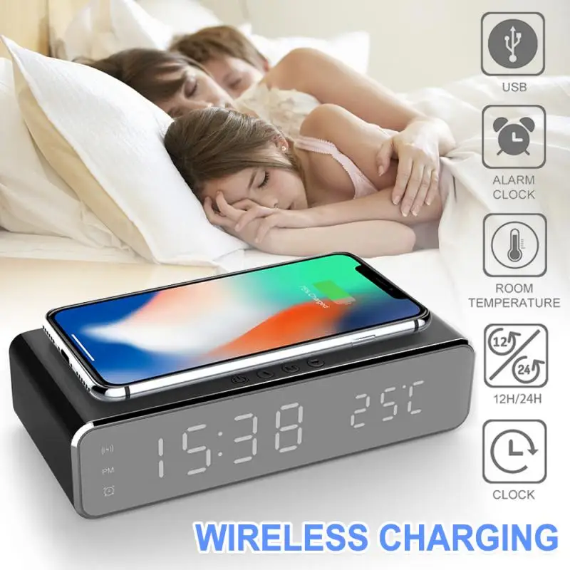 New Electric LED Alarm Clock With Mobile Phone Wireless Charger HD Clock Mirror With Time Memory Digital Thermometer Clock