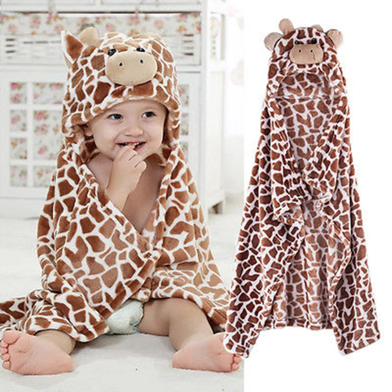 100cm Cute Baby Bear Shaped Hooded Bathrobe Soft Newborn Towel Giraffe Towel Blanket Baby Bath Towel Infant Cartoon Patter Towel