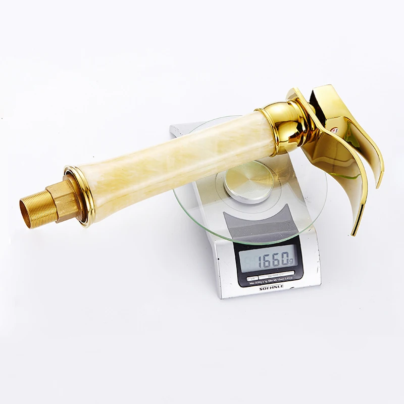 Luxury Brass Deck Mount Bathroom Golden Marble Faucets Mixers Gold Waterfall Washbasin Cold Hot Water Tap M1037