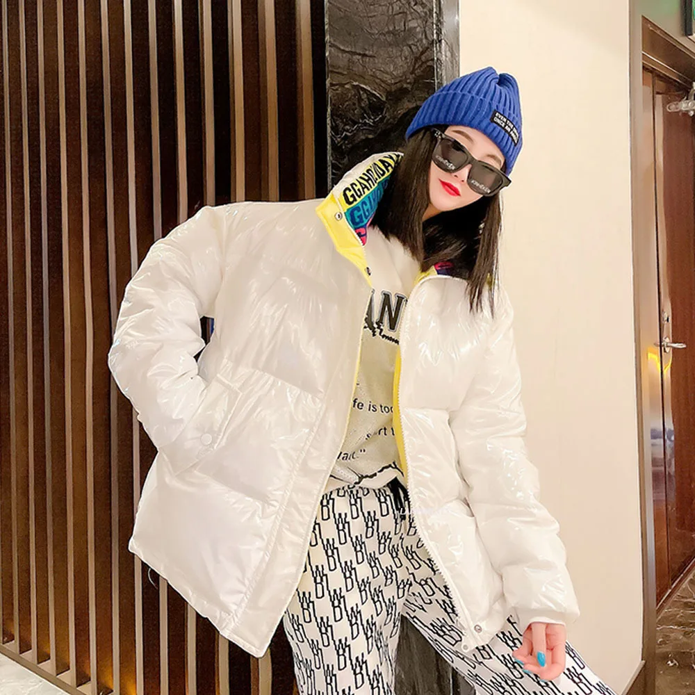 Winter Glossy 90% White Duck Down Jacket Women\'s 2021 Fashion New Long Sleeve Stand Collar Bread Fashion Puffer Snow Down Coat