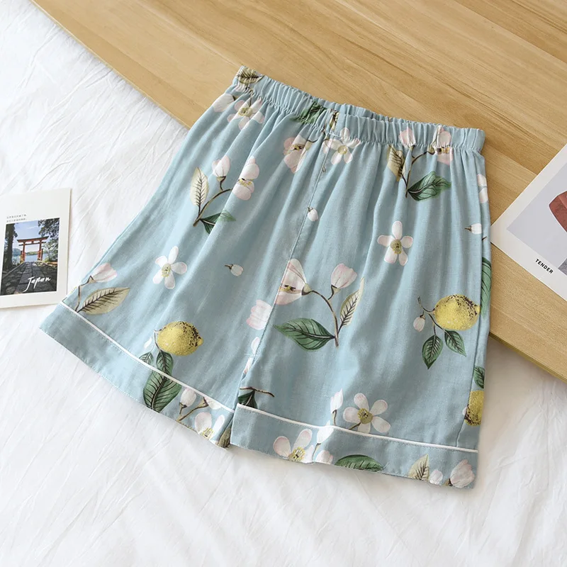 Summer 100% Cotton Home Pants Womens Shorts Gauze Pajamas Loose Soft Comfortable Sleep Bottoms Elastic Waist Print Sleepwear