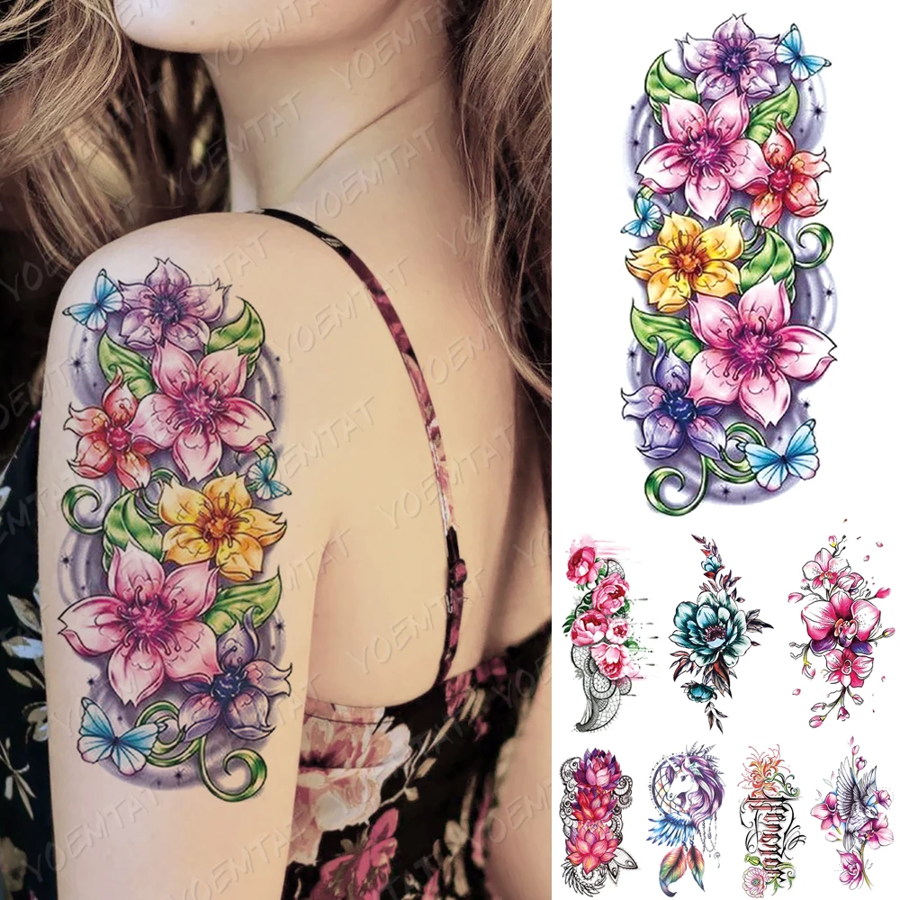 Waterproof Temporary Tattoo Sticker Purple Pink Line Rose Flower Flash Tattoos Totem Heart Body Art Arm Fake Sleeve Tatoo Women