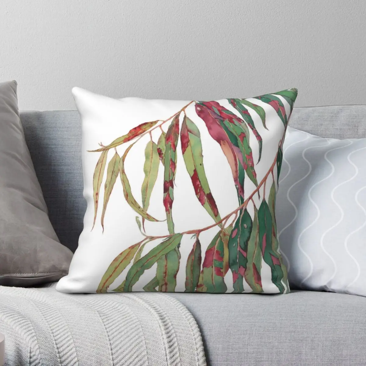 

A Touch Of Red Watercolour Of Eucalyptus Branch Square Pillowcase Polyester Linen Velvet Zip Decor Throw Pillow Case Room 18