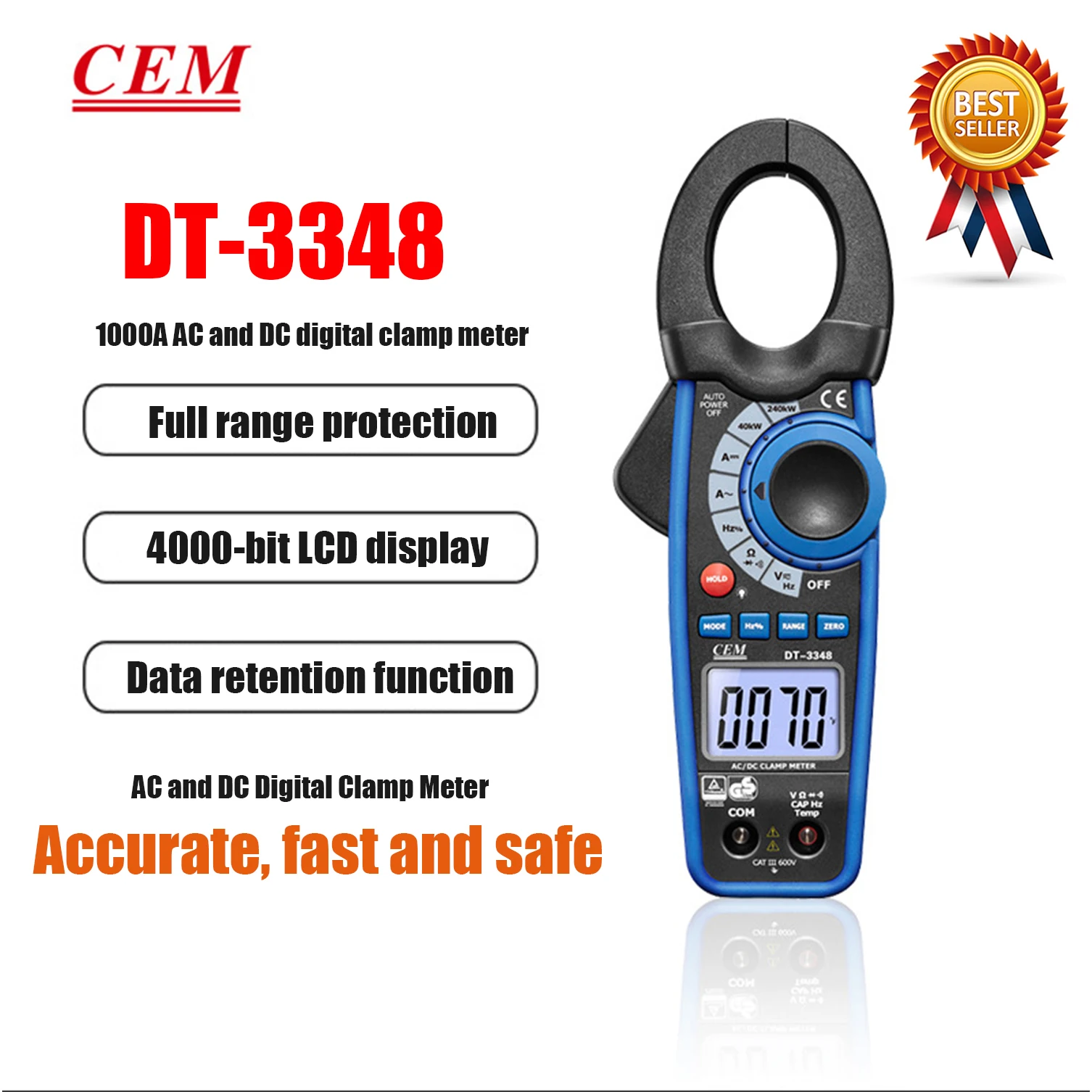 CEM DT-3340 DT-3341 DT-3343 DT-3345 DT-3347 DT-3348 Digital Clamp Type Meter Overload Protection Resistance Diode Test Backlight