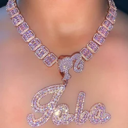 Uwin Icy Girl Hook Custom Brush Cursive Letter Name Necklace Pendant Baguettes Chain Pink Personalized Hiphop Jewelry