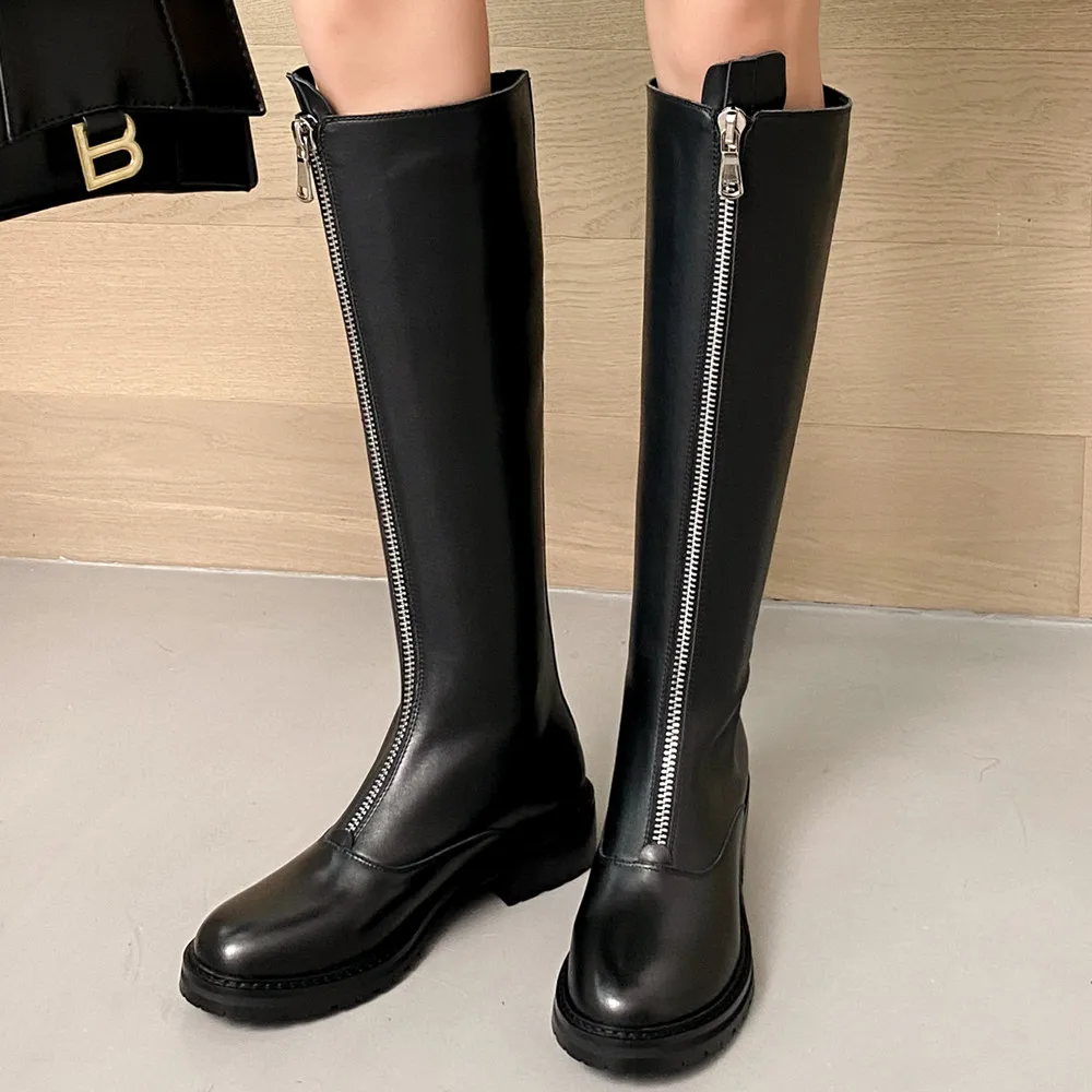

Women's genuine leather front zip flats knee high boots round toe casual high punk knight boots leisure winter warm shoes women