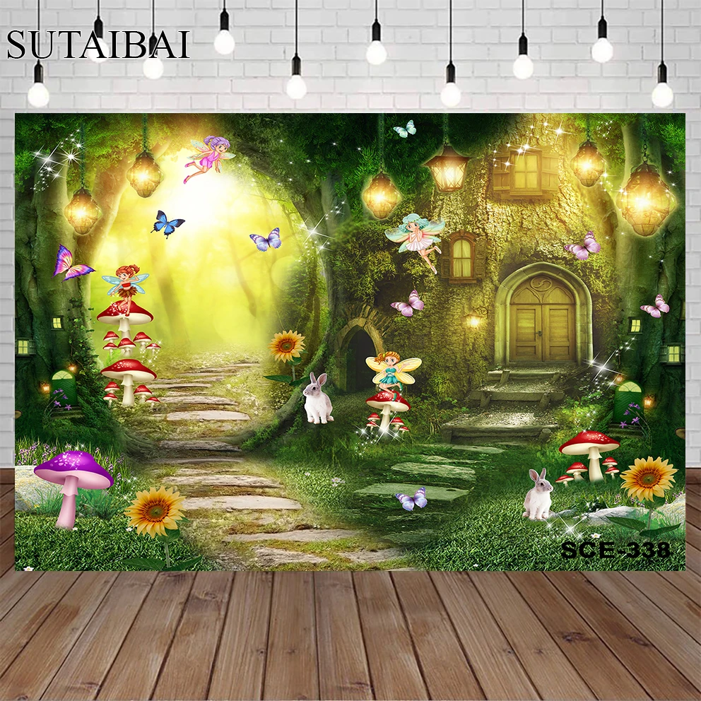 Spring Fairy Tale Magic Forest Mushroom Wonderland Photography Green Background Flower Fairy House Children Party Background