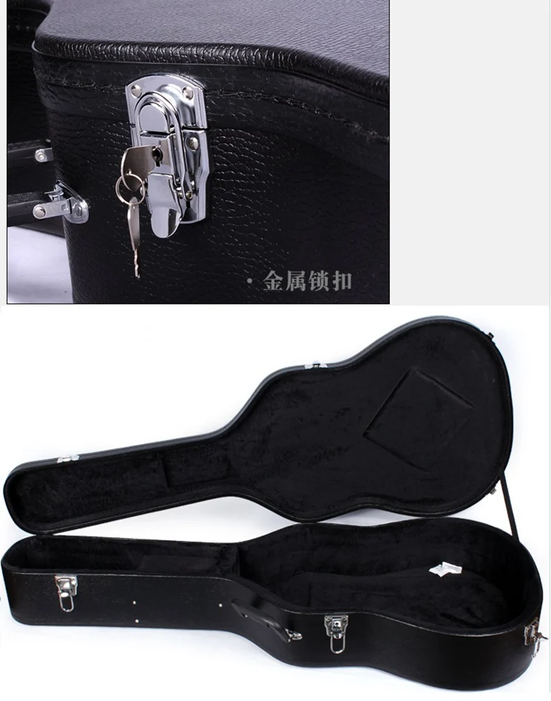 41 Inch Leather Guitar Hard Case Wood Box Guitar Case Black Superior PVC Leather Material Velvet with Foam Lining Guitar Cover