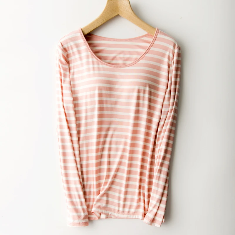 Built In Bra T-shirt Women Modal Striped Soft Long Sleeve Padded Lingerie Lounge Loose Breathable Sleeping Tops Clothing Women