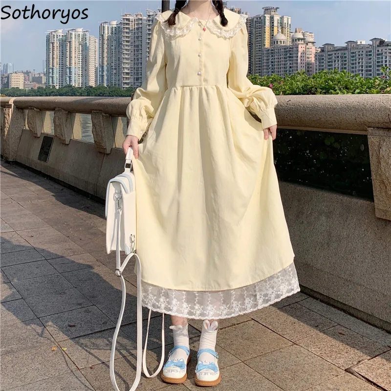 Fake Two Pieces Long Sleeve Dress Women Sweet Peter-pan Collar High Waist Loose Teenagers Classic Cute Spring Lolita Preppy Girl