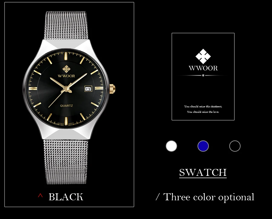 WWOOR Silver Men Watches with Mesh Steel Top Brand Luxury Ultra Thin Quartz Waterproof Date Business Wristwatch Box Montre Homme