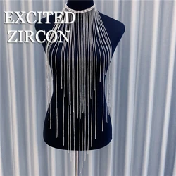 EXCTED ZIRCON Fashion Luxury Woman Sexy Tassel Body Chain Chest Chain bling Rhinestone Crystal Jewelry Necklace Party Prom Gift