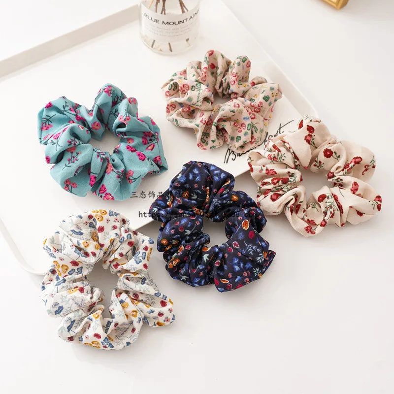 Ruoshui Woman Printed Floral Hair Ties Flower Scrunchies Vintage Elastic Hairband Hair Rope Hair Accessories Headwear Hair Gum