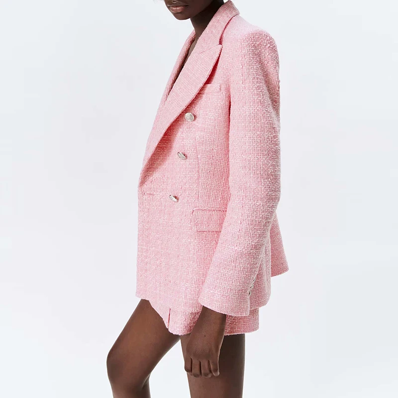 za Women Suits Pink 2023 Spring Fall Slim Chic V-neck Fashionable Simple Casual Lady 2-piece Shorts Suit OL Style Formal Female
