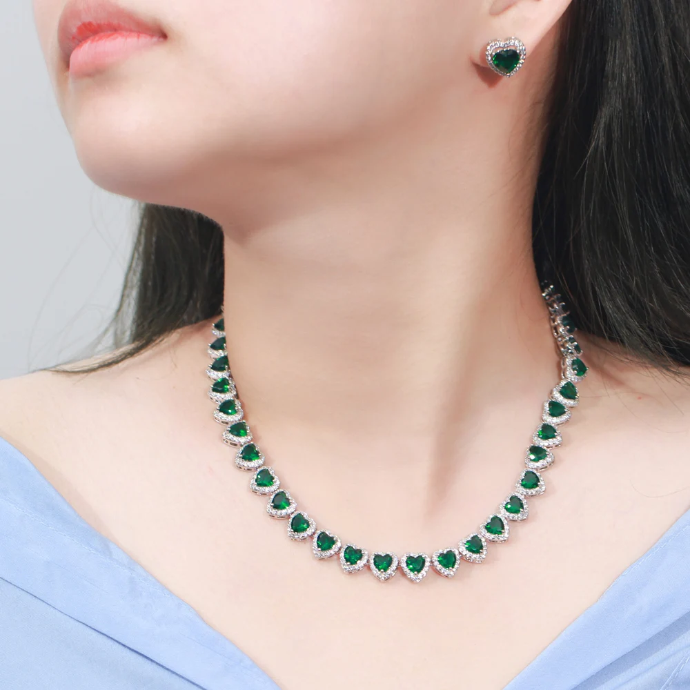 CWWZircons Romantic Luxury Love Heart Shape Green CZ Bridal Necklace Jewelry Sets for Wedding Banquet Costume Accessories T579