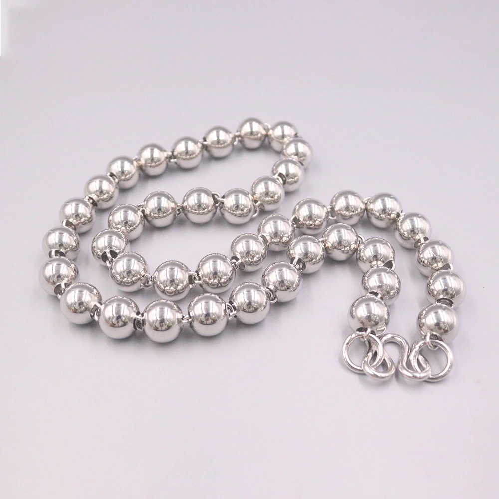 

Pure 925 Sterling Silver Chain Width 14mm Glossy Beads Link Necklace 60cm / 160-161g For Man Lucky Gift