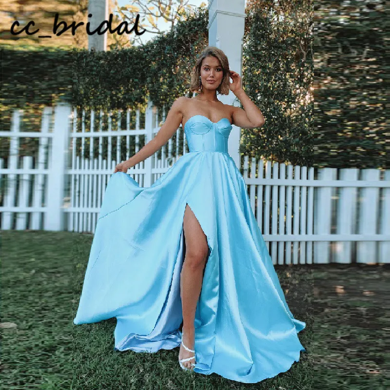 Glamours Satin Split Prom Dresses Long 2020 Charming Sweetheart Dress Woman Party Night For Women sukienki koktajlowe Customize