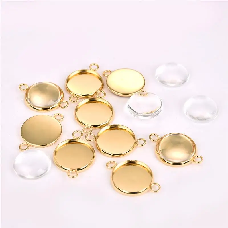 20pc Gold Color Stainless Steel Bracelet Connector Cabochon Set Round Blank Tray Bezel Pendant Base Jewelry 10/12/14/16/18/20mm