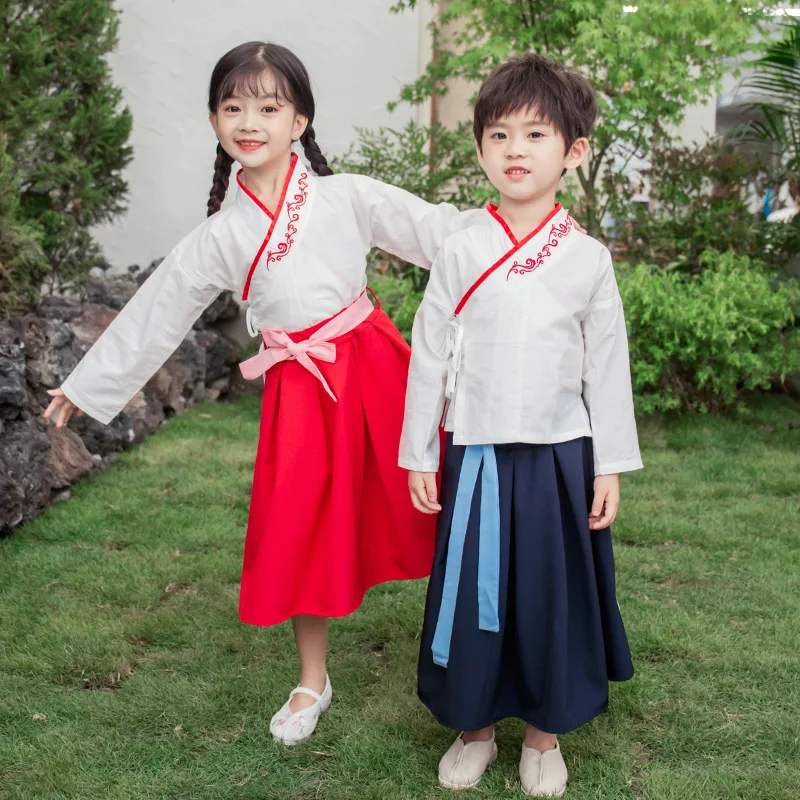 Autunm novo algodão chinês lovelygirls bordado hanfu antigo crianças meninos tradicional tang terno realizar trajes