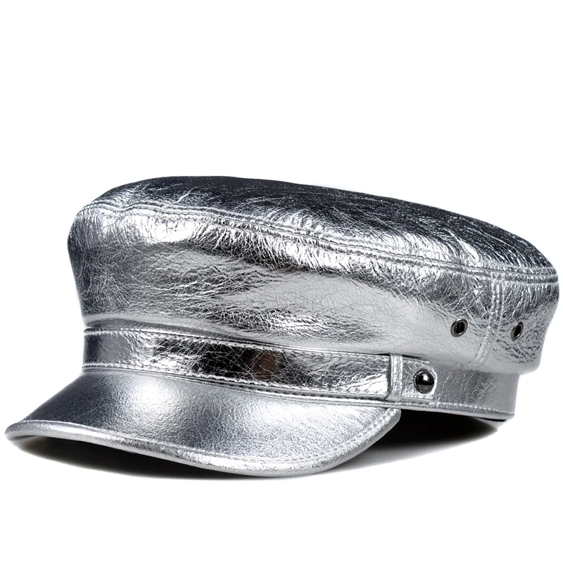 Spring Korean Fashion Unisex Flat Top Genuine Leather Navy Hat Student Shining Golden/Silver Hip Pop Caps Women Men Streetwear