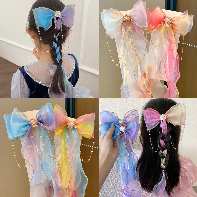 Accesorios para el cabello para niños, lazos con borlas de perlas, cintas, horquillas trenzadas, tocados, horquillas de princesa para niñas, Verano