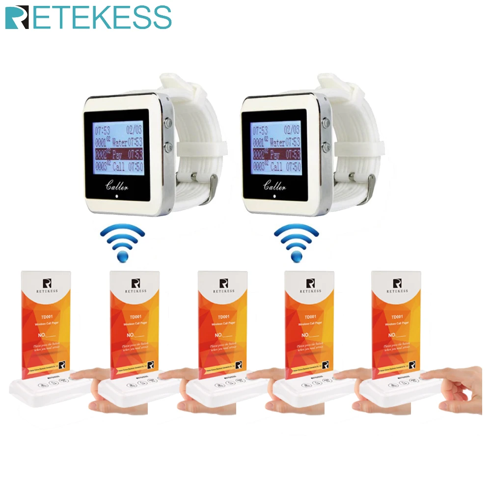 RETEKESS Pager For Restaurant System Cafe Bar Wireless Calling System Table Card Pagers 2 Watch Receiver + 5 Transmitter Button