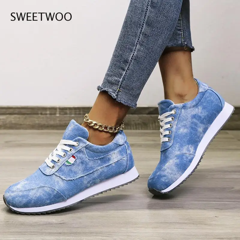 Blue women\'s shoes 2021 fashion breathable thick-soled wedges sneakers women\'s large size casual shoes women