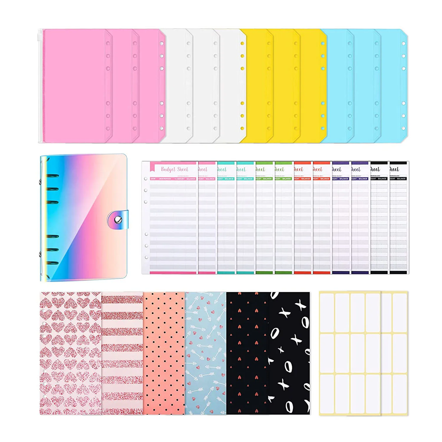 33Pcs A6 PVC 6 Ring Planner Organizer  Binder Cover Envelopes System 12 Binder Pockets Budget Sheet and 2 Sheet Label