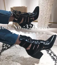 Best Design Black Leather Chunky Heel Woman Ankle Boots Sexy Lace-up Buckle Strap Sandals Boots Lady Banquet Shoes Dropship