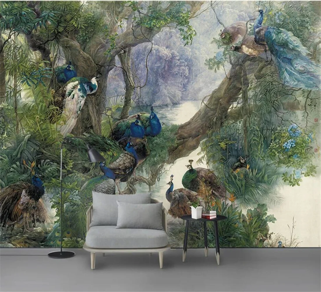 

Custom Wallpaper Chinese style peacock forest background wall Murals living room bedroom hotel decoration painting 3d Wallpaper