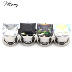 Alisouy 2pc Stainless Steel Square Crystal Ear Tunnel Plug Ear Gauge Plug And Tunnel Ear Stretcher Tunnel Plug piercing Jewelry