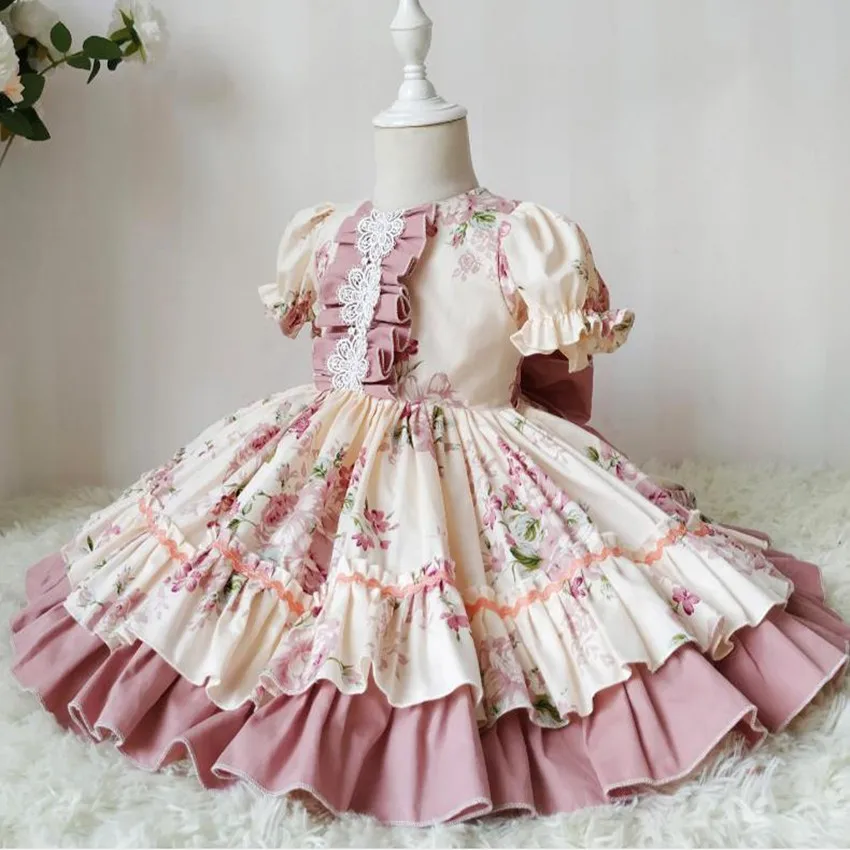 Baby girl Vintage summer Spanish England printed lolita dress kids puff sleeve court Turkey ball gown dress