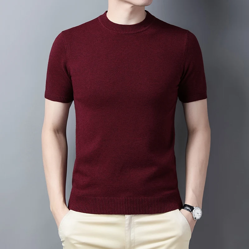 Men\'s Wool Sweater T Shirt Short Sleeve Jumper Male Solid Color Knit Tee Tops Slim Casual O-Neck Knitwear Shirt