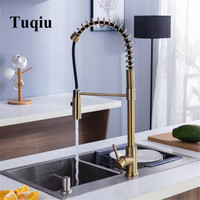 Tuqiu Kitchen Sink Faucets Brass Pull Down spray nozzle Mixer Tap Single Handle Hot & Cold Rotating Brushed Gold Water Crane Tap