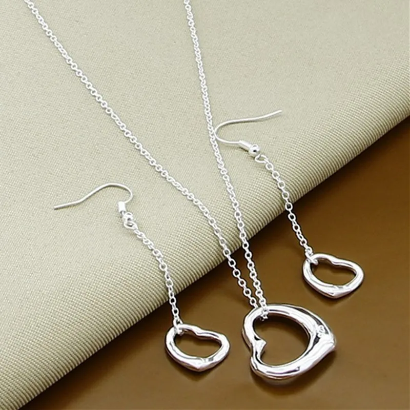 Silver 925 Set Wedding Jewelry Set Charm Heart Pendants Necklace Long Earring Bracelet For Women Wedding Party Gift