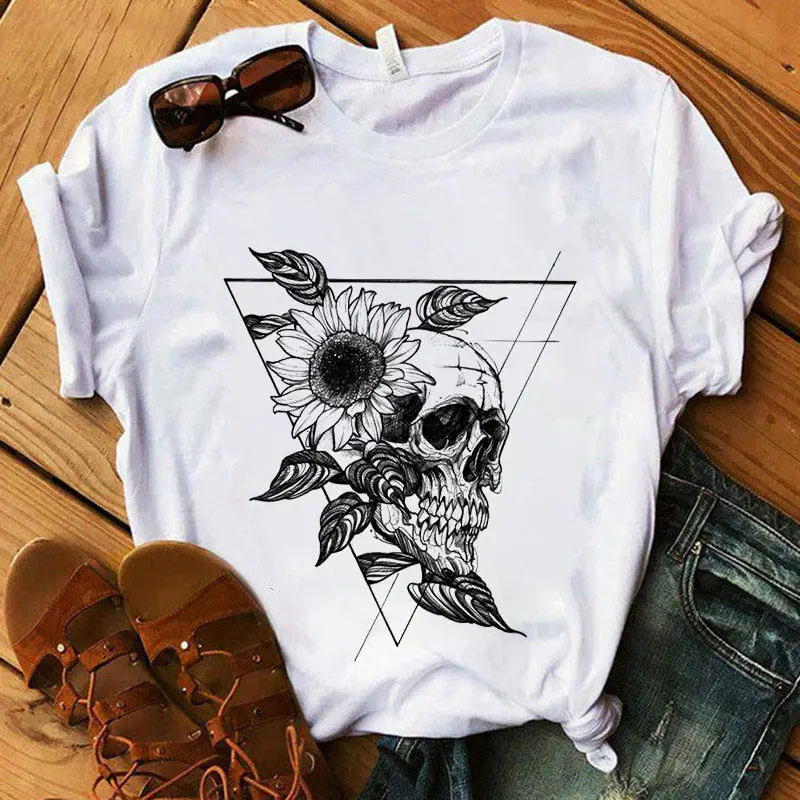 

Women Vouge Oversized T-shirt Skull Print O-Neck Short Sleeve Femme T Shirt Summer Simple Top Casual Hipster Tee XXXL