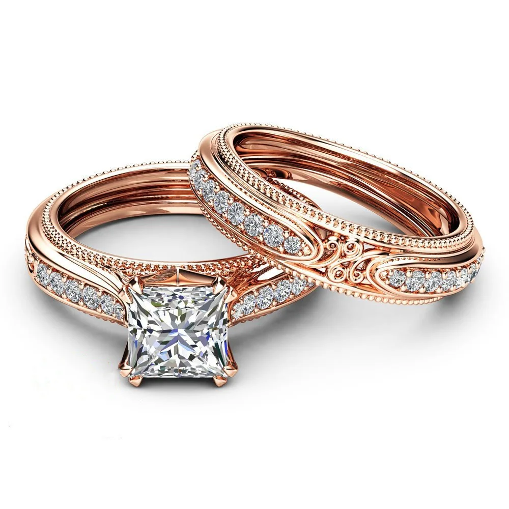 14k Rose Gold Jewelry White Diamond Rings Princess Diamond for Women Anillos Mujer Bijoux Femme Bague Ring Jewelry Women Couple