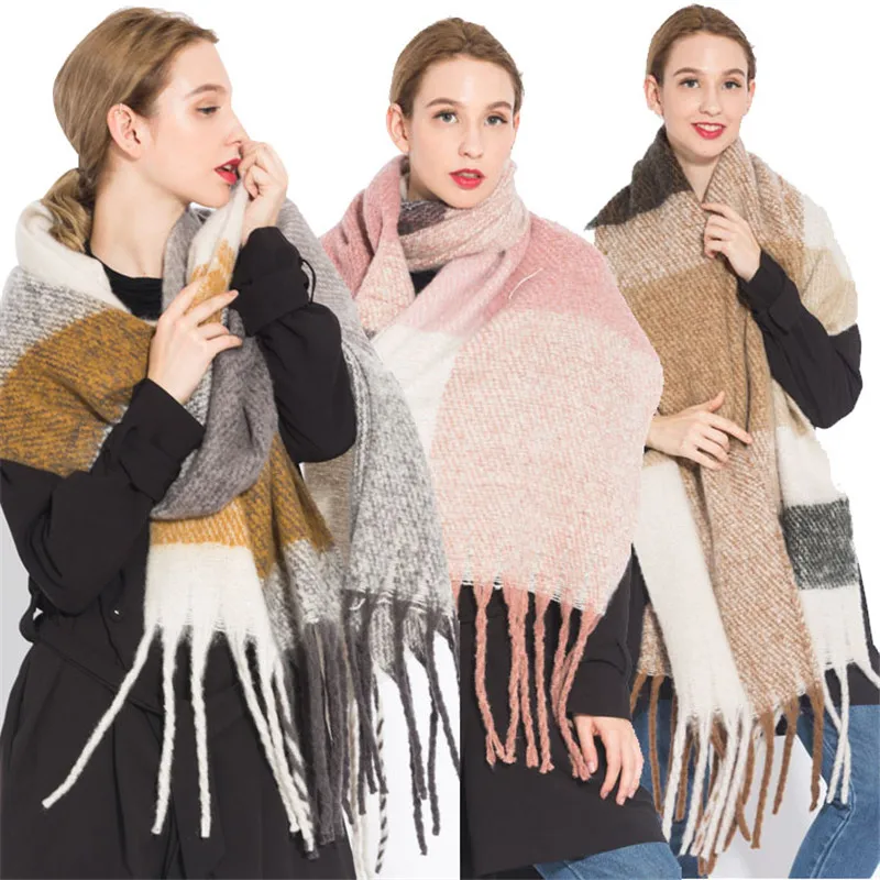 Luxury brand winter warm knitted plaid scarf women's wool pashmina tassels scarf ladies shawls and wraps foulard femme stole